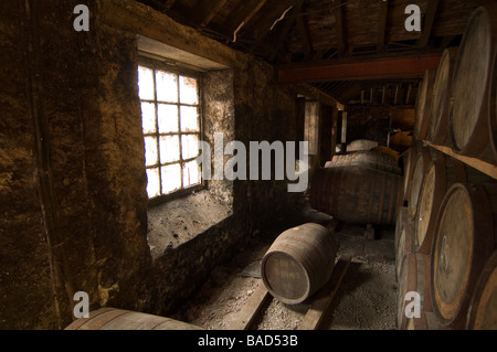 Malerische Aussicht auf Whisky-Fässer im Lager der Blablair Destillerie in Schottland Stockfoto