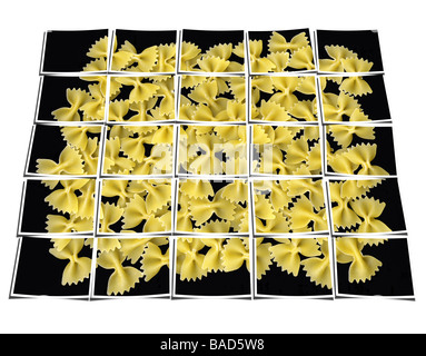 Bow-Tie Pasta Collage Zusammensetzung aus mehreren Bildern über weiß Stockfoto