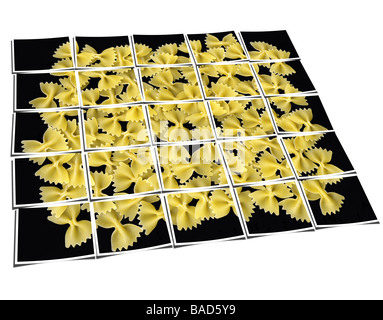 Bow-Tie Pasta Collage Zusammensetzung aus mehreren Bildern über weiß Stockfoto