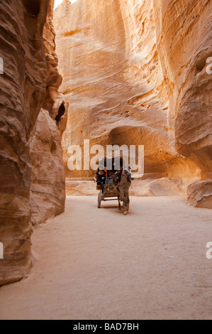 Ein Pferd und Wagen tragen Touristen Galoppaden durch die enge Siq-Schlucht in der antiken Stadt der Nabatäer von Petra Jordanien Stockfoto