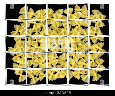Bow-Tie Pasta Collage Zusammensetzung aus mehreren Bildern über weiß Stockfoto