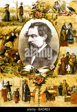 CHARLES DICKENS ein Ende des 19. Jahrhunderts Abbildung des Autors mit einigen seiner wichtigsten Figuren Stockfoto