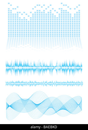 Musik inspiriert Hintergrund in blau mit Schallwellen und Equalizer-Graphen Stockfoto