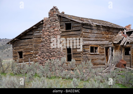 Eine 100 Jahre alte Ranchhaus mit Steinkamin und Hand gehauen Kiefer Protokolle, Paulina, Oregon. Stockfoto