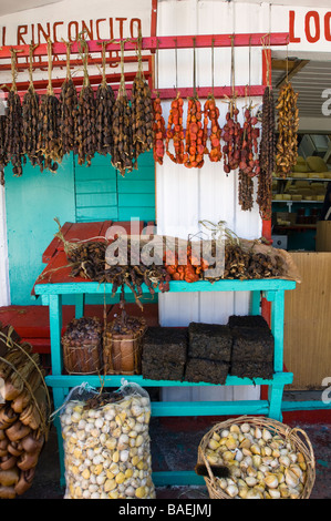 Muscheln und Schalentiere Trockenprodukte auf einen Stall in der Kunsthandwerksmarkt. Puerto Montt, Chile. Stockfoto