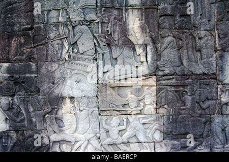 Bas-Relief in der Nord-West-Galerie Bayon Tempel Angkor Thom Siem Reap Kambodscha Stockfoto