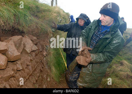 Trockenmauer, aufbauend auf Exmoor Teil einer Urlaub Erfahrung, alte ländliche Handwerk zu lernen Stockfoto