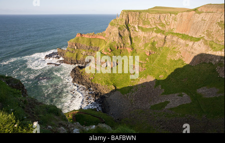 Riesen Bucht. Eine kleine Welle fegte Bucht unterhalb der roten Basaltsäulen, bilden den Giant's Causeway. Stockfoto