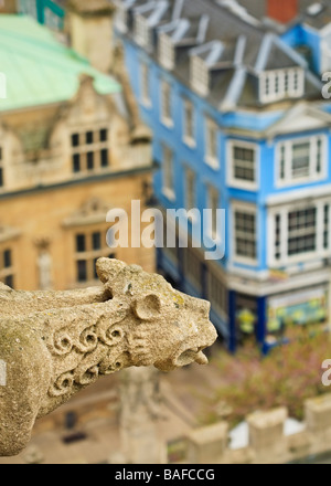 Blick über die Dächer von Oxford über eine geschnitzte ornament auf der Turmspitze der Kirche St Mary die Jungfrau in Radcliffe Square Stockfoto