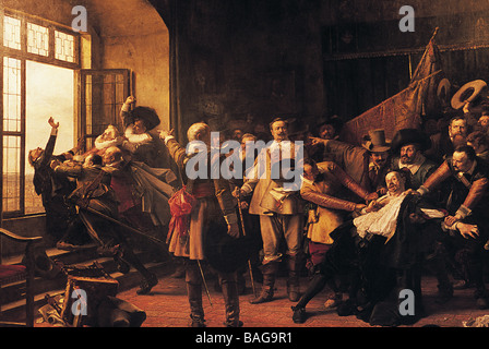 Tschechien, Prag, Malerei zeigt den Fenstersturz von Prag, dieses Ereignis markiert den Beginn des Dreißigjährigen Stockfoto