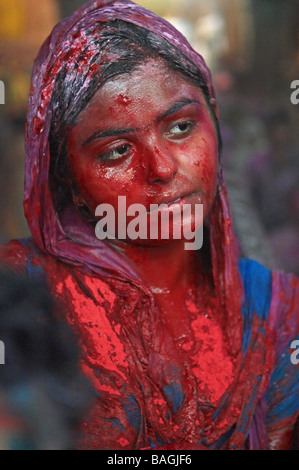 Indien, Uttar Pradesh, Tempel für den Gott Krishna, Holi Festival, genannt auch das Fest der Farben, Hindu-Frühling Stockfoto