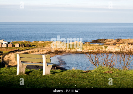 Leere Bank mit Blick auf den Moray Firth in Findochty Schottland Stockfoto
