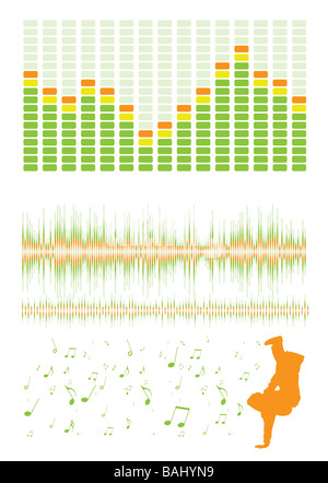 Musik inspirierte Design-Elemente mit Grafik-Equalizer und Musiknoten Stockfoto