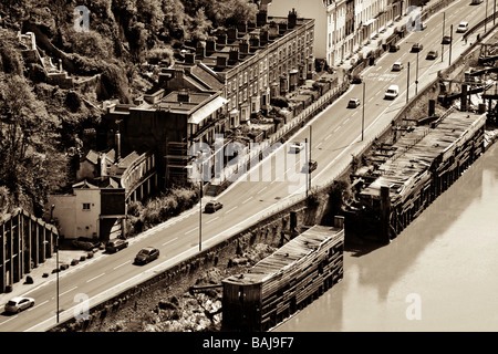 Ein Blick vom Clifton Suspension Bridge in Sepia. Stockfoto