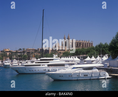 Palma International Boat Show 2009, bei der Montage der Boote auf dem Display, mit historischen Kathedrale hinter, Stockfoto