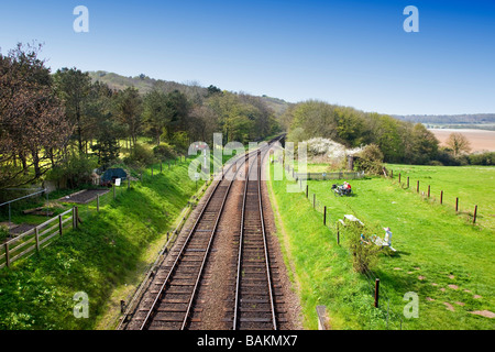 Ein "Dampflokomotive" Annäherung an "Weybourne Station" auf die "Poppy Line" "North Norfolk" UK Stockfoto