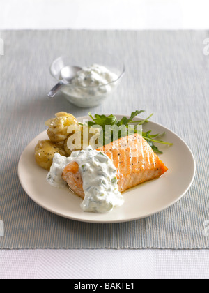 Gebackener Lachs mit Gurke und Dillsauce und neuen Kartoffeln Stockfoto