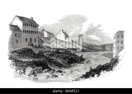 Wasser, Straße und Hinchliffe Mühle schrecklichen Überschwemmung und Verlust des Lebens in Holmfirth 1852 Stockfoto