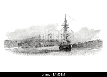 Krieg-Dampfer Hermes birmanische König s Schiff hms Fuchs 1851 Port Hafen Küste Dock Segel Segelboot Schiff Windwellen Stockfoto