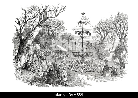 Maifeiertag 1852 und Maibaum im Dorf Burley New Forest Hants Feiertagen keltischen feste religiöse Festival Pagan Stockfoto