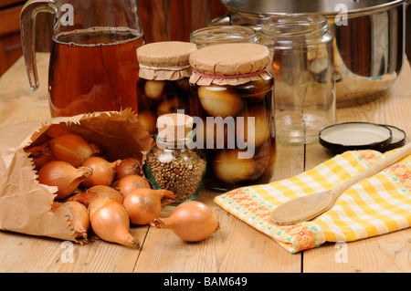 Country-Küche-Szene mit hausgemachten Gläser Silberzwiebeln Stockfoto