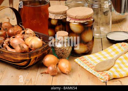 Country-Küche-Szene mit hausgemachten Gläser Silberzwiebeln Stockfoto