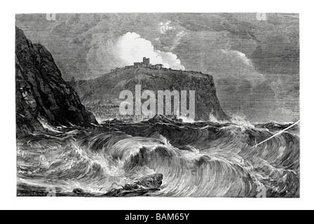 Scarborough Nordseeküste North Yorkshire England "Wellenlinien" Sturm stürzt gewellt weiße Küste Burg Flut 1854 Stockfoto