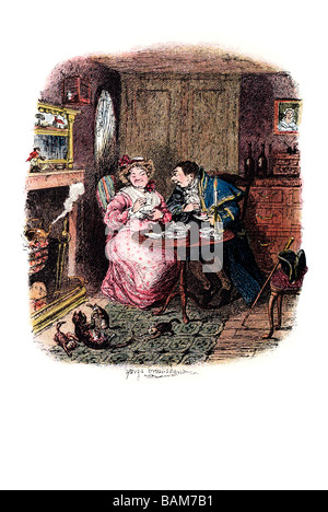 Herr Bumble und Frau Corney Einnahme von Tee die letzte Chance Oliver Twist (1838) ist Charles Dickens zweiter Roman. Das Buch war e Stockfoto