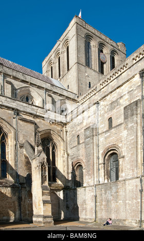 Winchester Cathedral Süd Aspekt mit fliegenden Steinstrehlen Stockfoto