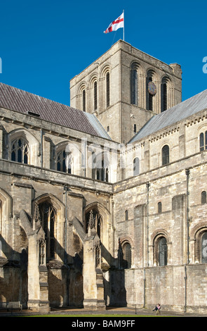 Winchester Cathedral Süd Aspekt mit fliegenden Steinstrehlen Stockfoto