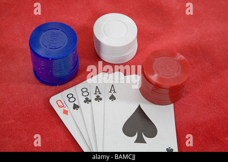 Toten Mann s Hand in ein Unentschieden oder Stud Poker Spiel Asse und Achter schwarze Asse und Achter schwarz wild bill Hickok Stockfoto