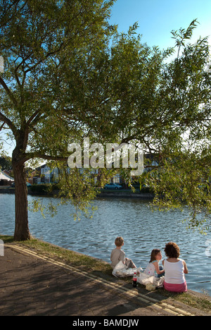 Familie essen Fisch und Chips von Seite der Teich im Schatten des Baumes Stockfoto