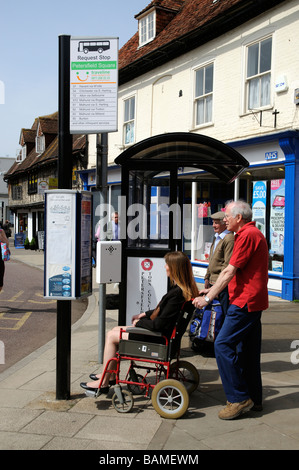 Weibliche ungültig Rollstuhlfahrer und männliche Pflegeperson Überprüfung Busfahrpläne an einer Bushaltestelle Stockfoto