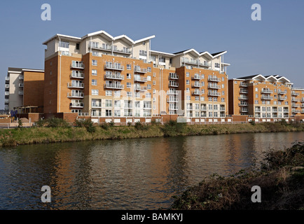 Moderner Wohnblock, River Taff in Cardiff, Wales, Großbritannien, Wohnsiedlungen am Riverside Living Stockfoto