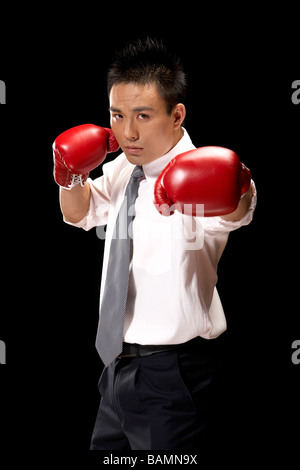 Unternehmer tragen Boxhandschuhe und Stanzen Stockfoto