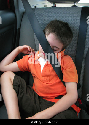 Ein kleiner Junge in einem Auto mit seinen Sicherheitsgurt auf schlafen. Stockfoto