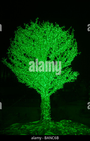 Grüner Baum geschmückt mit Lichterketten für Weihnachten - Hong Kong bei Nacht, China, Asien Stockfoto
