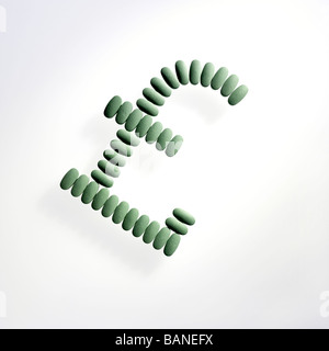 grüne Pillen angelegt im UK Pfund Geld Zeichen Symbol auf weißem Hintergrund Stockfoto