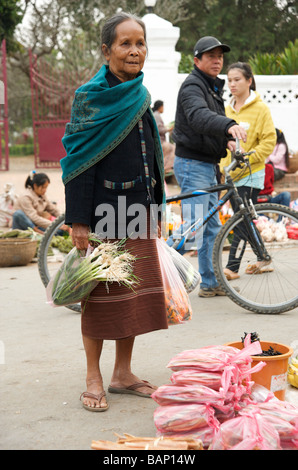Eine ältere Lao Dame Einkaufen in der täglichen Lebensmittelmarkt von Luang Prabang Laos Stockfoto