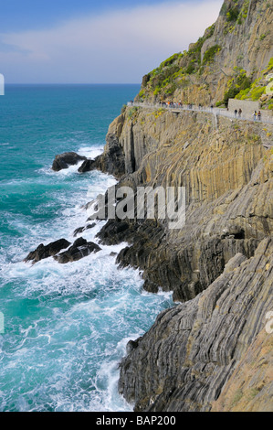 Die Küste auf der Via del Amore (Via Dell' Amore) zwischen den Städten von Manarola und Riomaggiore, Cinque Terre, Ligurien, Italien Stockfoto