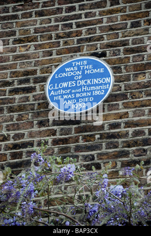 Blaue Plakette markiert das ehemalige Wohnhaus des Autors und Humanist Goldsworthy Lowes Dickinson in Edwardes Sq Kensington London Stockfoto