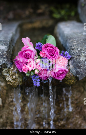 Rosen an einem Brunnen während der Bisley gut kleiden custom bei Bisley, Gloucestershire platziert. Stockfoto