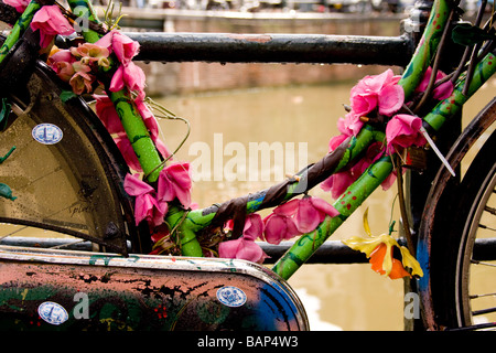 Fahrradrahmen mit Kammuscheln Kunstblumen stehend Aginst eine Schutzschiene am Kanalufer in Amsterdam Holland Stockfoto