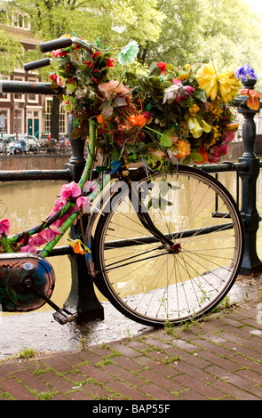 Fahrrad-geschmückt und bekränzt mit künstlichen Blumen auf einem Kanalufer in Amsterdam Holland Stockfoto