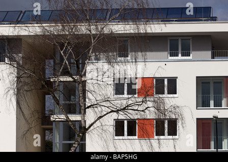 Neubauwohnungen mit eingebauten Solaranlagen ausgestattet, um das Dach, Köln, Nordrhein-Westfalen, Deutschland. Stockfoto