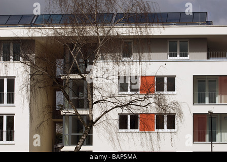 Neubauwohnungen mit eingebauten Solaranlagen ausgestattet, um das Dach, Köln, Nordrhein-Westfalen, Deutschland. Stockfoto