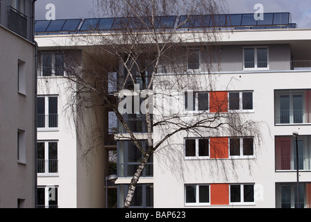 Neubauwohnungen mit eingebauten Solaranlagen ausgestattet, um das Dach, Köln, Nordrhein-Westfalen, Deutschland. Stockfoto