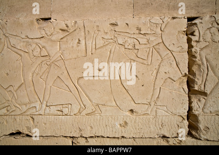 Reliefs von der Schlacht von Kadesch an den Außenwänden der Tempel von Ramses II in Abydos, Niltal Ägyptens Stockfoto