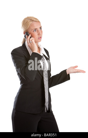 Hübsche junge Geschäftsfrau am Telefon suchen gereizt Stockfoto