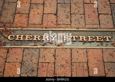 Straßenschild und Street in Macon, Georgia Cherry Blossom-Hauptstadt der Welt Stockfoto